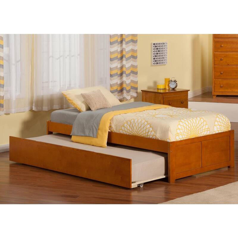 Twin Platform Bed with Trundle - Modern Style, Walnut Finish, Space Saving Design