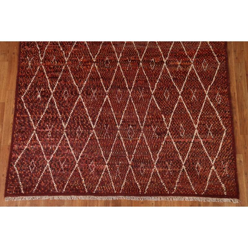 Hand Knotted Oriental 100% Wool Carpet Modern Geometric Red Moroccan Area Rug - 7' 10'' X 5' 7''