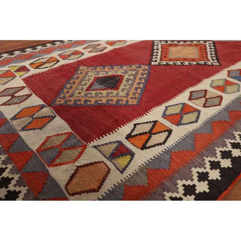 Kilim Qashqai Persian Vintage Rug Flatweave Tribal Red Wool Carpet - 4'5"x 8'1"
