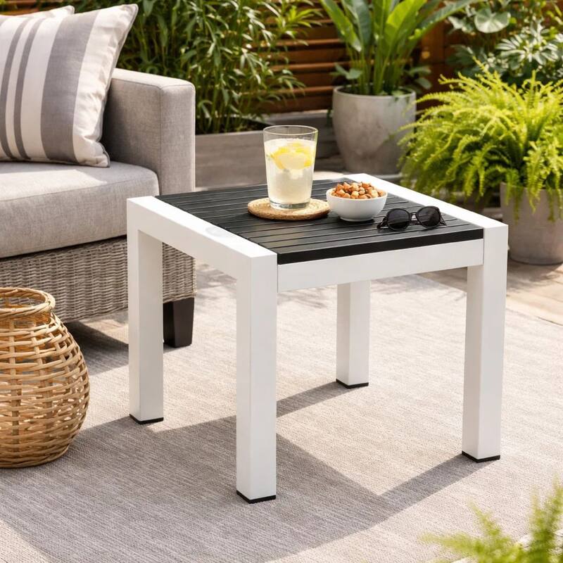 Josh 18 Inch Side End Table, Jet Black Polyresin Planks, Aluminum Frame