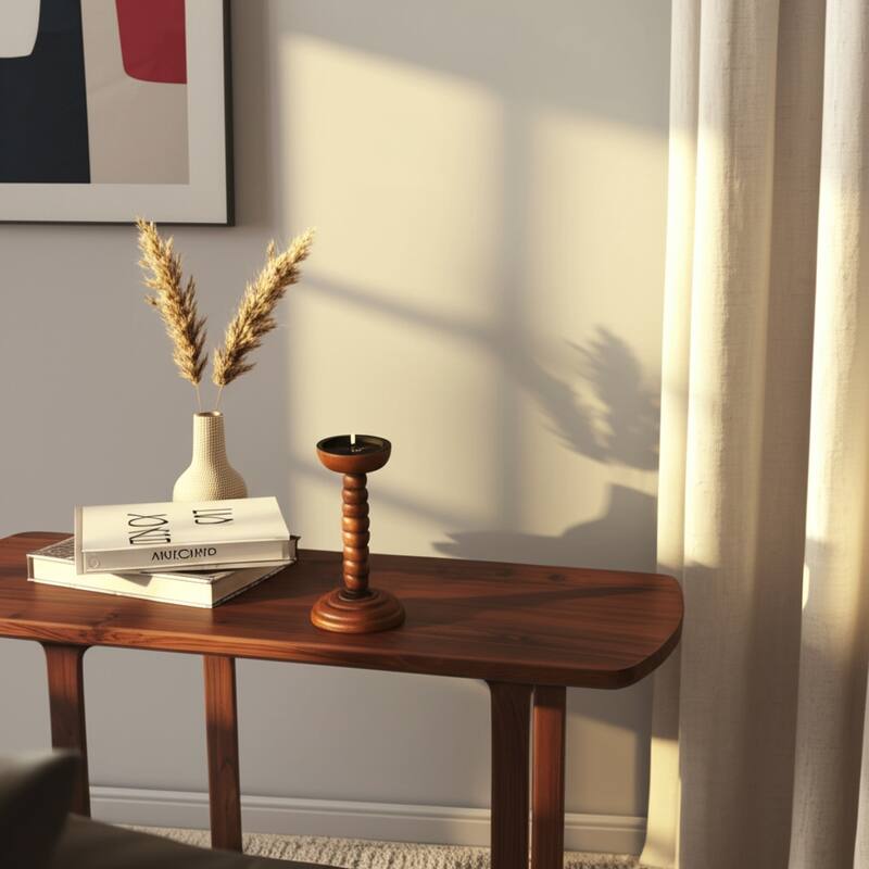 Wood Candle Holder Sculpted Round Base and Turned Detailing Accent