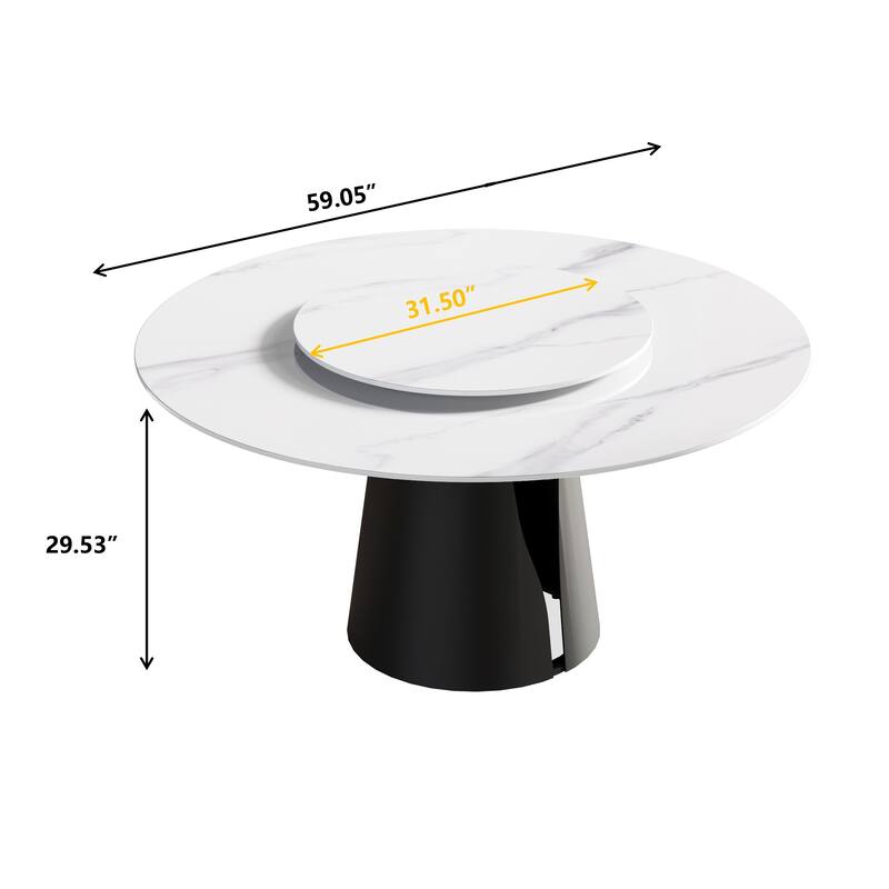 59" Round Slate Dining Table, White Marble Top with Black Metal Pedestal