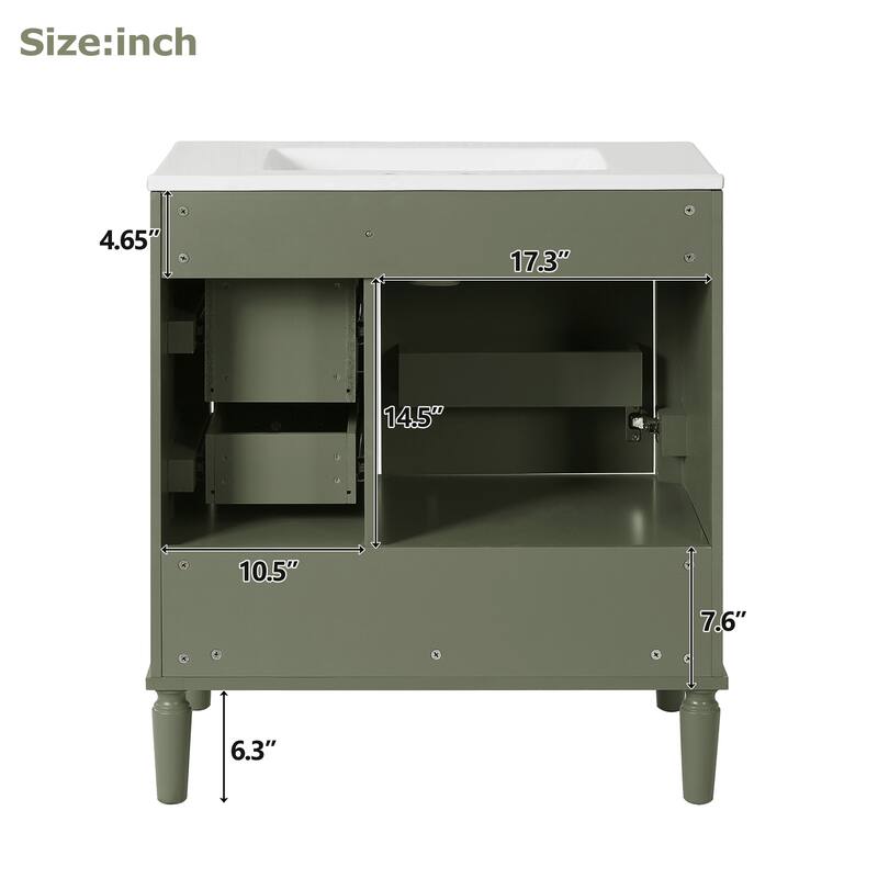 30" Bathroom Vanity with Ceramic Sink Storage Cabinet with Built-in Shelf and 3 Drawer