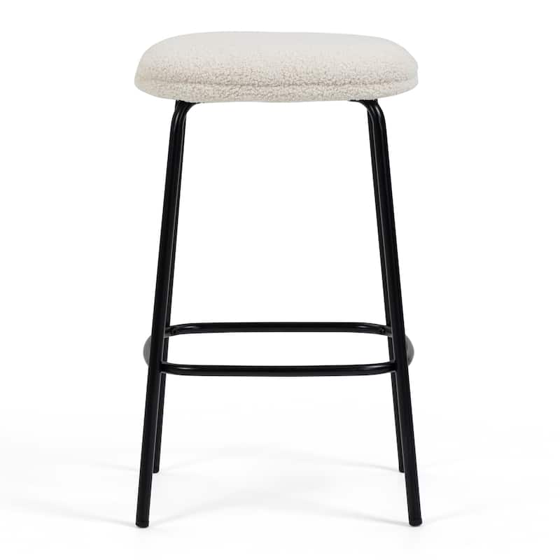 Set of 2 Ayana White Boucle Backless Counter Stool with Black Iron Legs