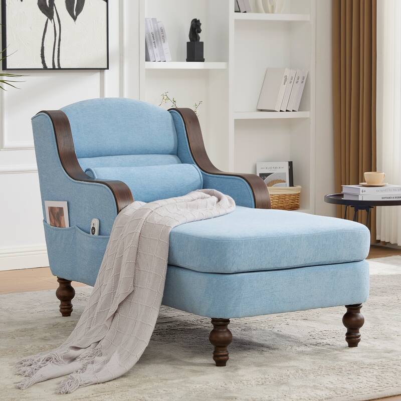 HOMEFUN Chenille Upholstered Wood Frame Oversized Chaise Lounge Single Sofa Bed with Side Pocket for Living Room,Bedroom - Light Blue