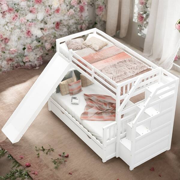 slide 2 of 12, Modern Twin Over Full Bunk Bed With Drawers,Storage And Slide,Safety For Kids for Bedroom White