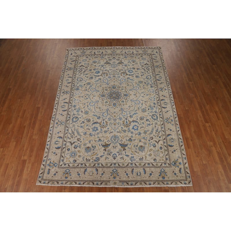 Floral Tabriz Persian Area Rug Beige Floral Handmade Wool Carpet - 7'2"x 10'5"