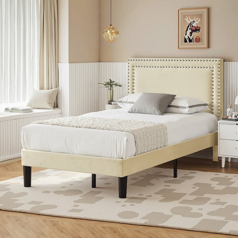 VECELO Twin Size Kids Beds Set of 2 Adjustable Headboard Soft Upholstered Headboard with Rivet Detail 8" Underbed Storage