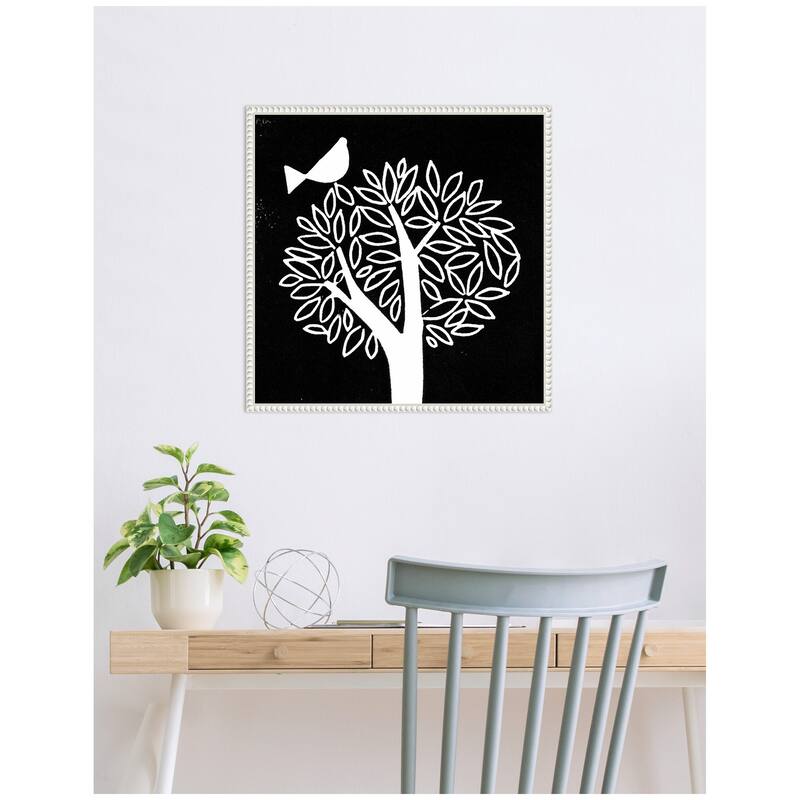 Kate and Laurel Sylvie Black and White Bird Tree Linocut Framed Canvas by Giuliana Lazzerini
