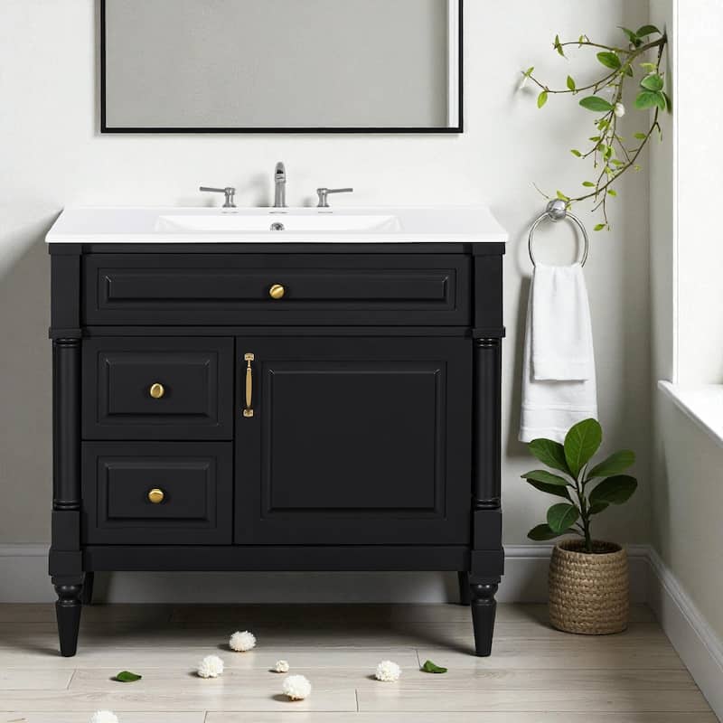 Modern 36-Inch Bathroom Vanity with Sink, Rubberwood and MDF Cabinet, Flip Drawer, Adjustable Shelf, and Storage Drawers