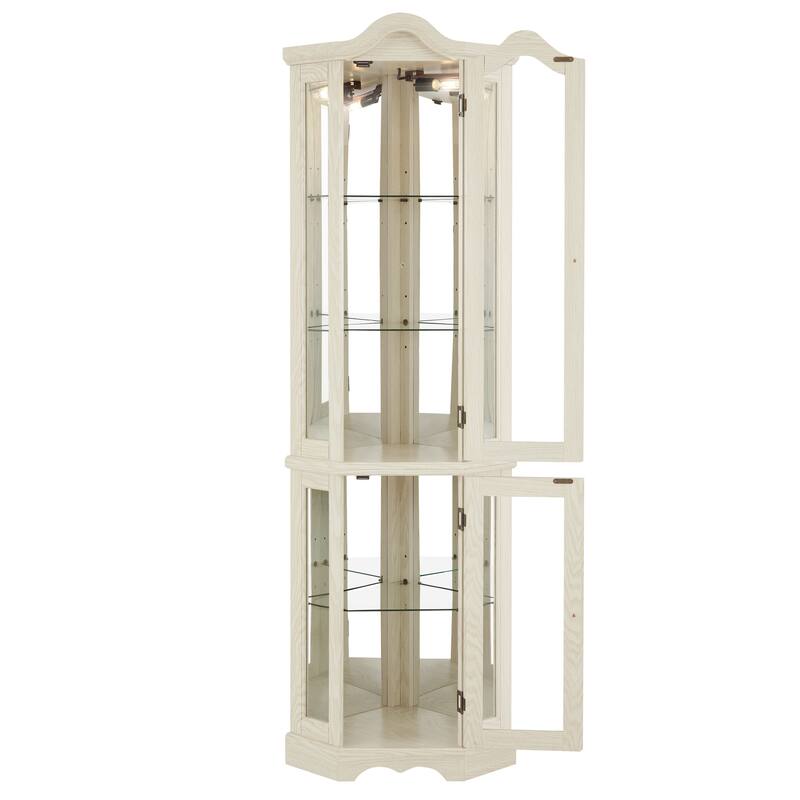 Lighted Corner Curio Cabinet, Freestanding Glass Display Cabinet, Wooden China Cabinet with Tempered Glass Doors & Shelves