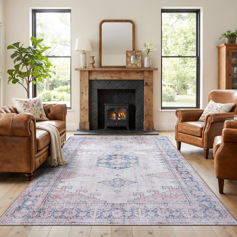 World Rug Gallery Vintage Bohemian Machine Washable Non Slip Area Rug - 7'7" x 9'6" - Beige - Rectangle