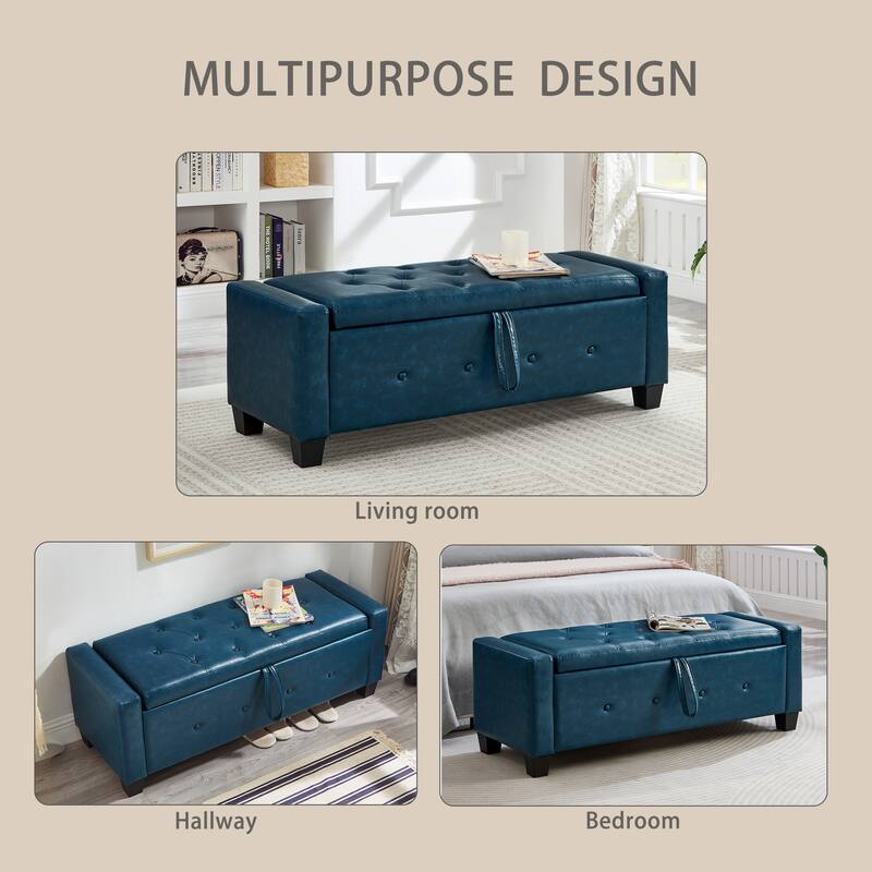 Tufted Faux Leather Storage Ottoman Bench for Bedroom, Living Room & Hallway, 48" Multifunctional Upholstered End of Bed Bench