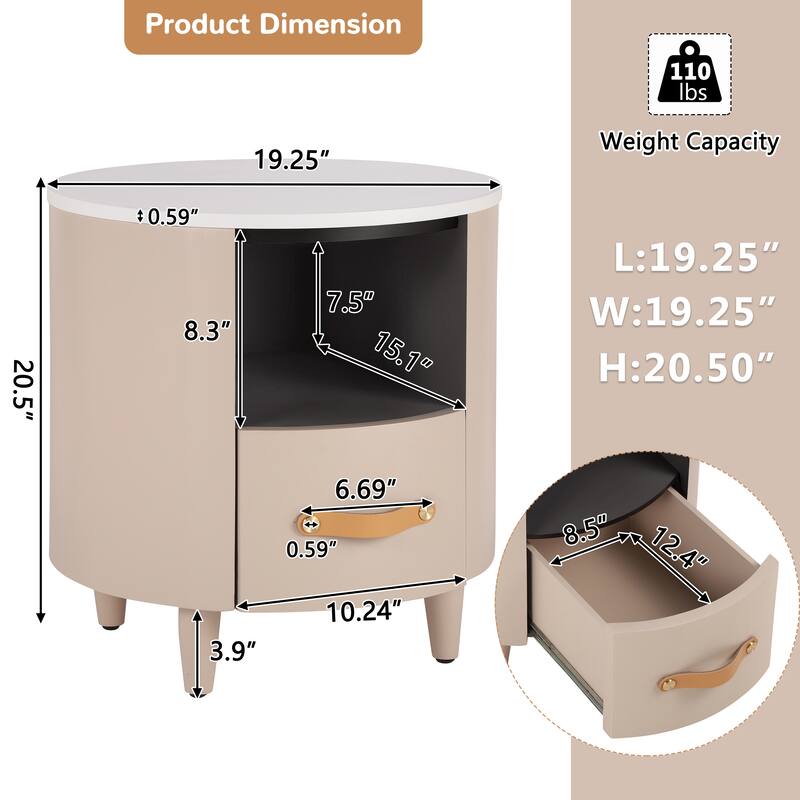 Contemporary Round Nightstand - Storage Drawer + Open Shelf, Curved Design, Easy Assembly (Khaki)