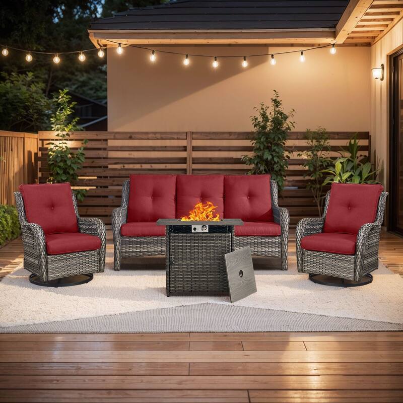 Gymojoy 4-Piece Outdoor Furniture Set, 2 Swivel Glider Chairs, 3-Seat Sofa & 55K BTU Fire Pit Table - Grey Wicker / Red Cusion - 4-Piece