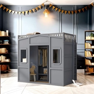 Twin Size House Loft Bed With Ladder and Wardrobe