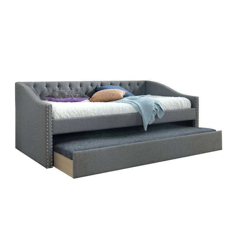 Luxurious 1pc Modern Daybed Button Tufted Nailhead Trim Armrest Pull Out Trundle Bedroom Living Room Furniture Gray Finish