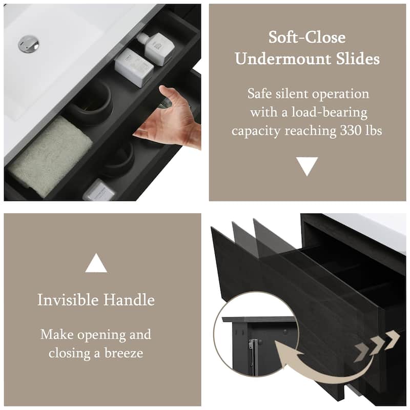 GDFStudio - Alexander Modern Floating Bathroom Vanity with Integrated Resin Sink and Soft-Close Drawer Storage