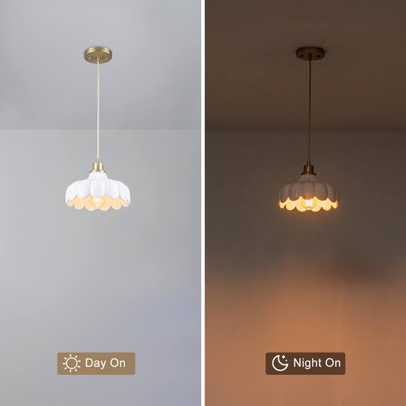Modern Brushed Gold Pendant Light with Ceramic Flower Shade Fixture - Dia.10-in