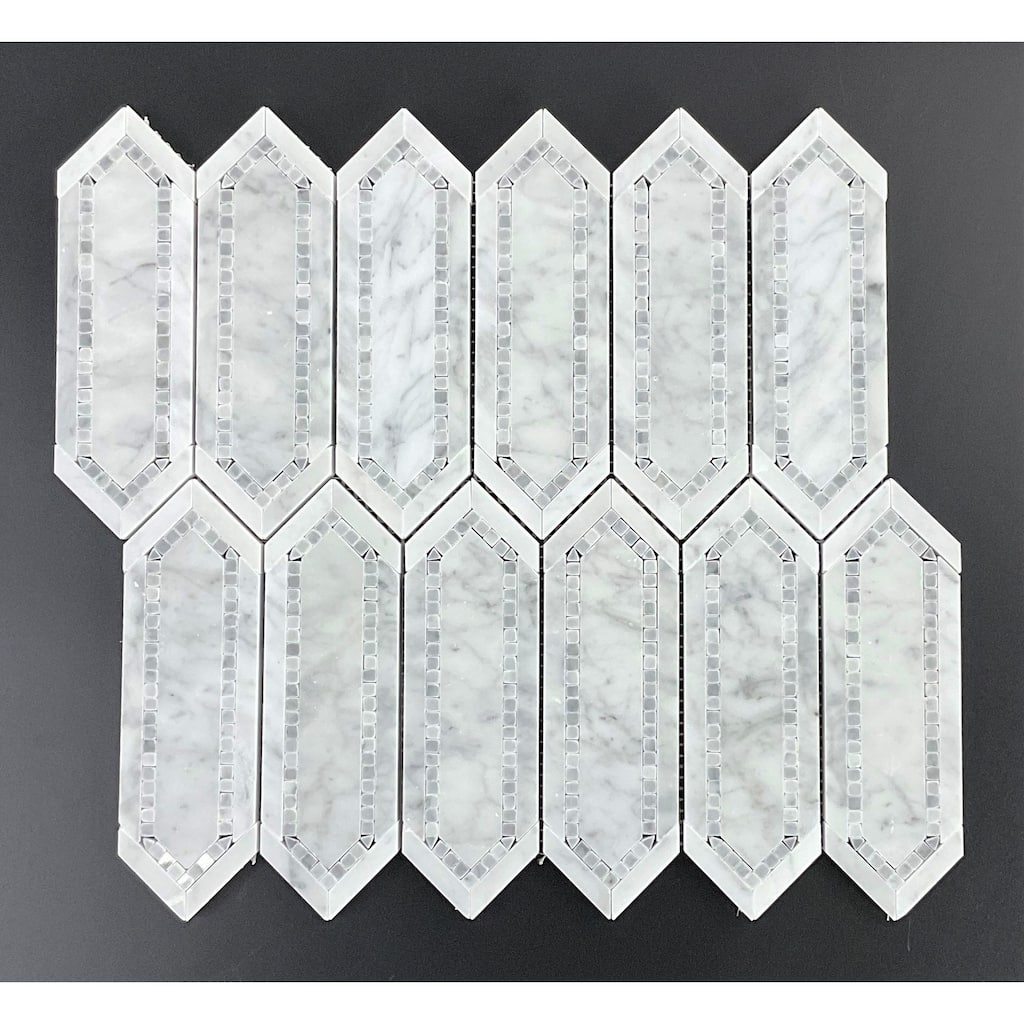 White Carrara and Dark Grey Long HoneyComb Marble Mosaic Tiles - Case (5 Sheets)