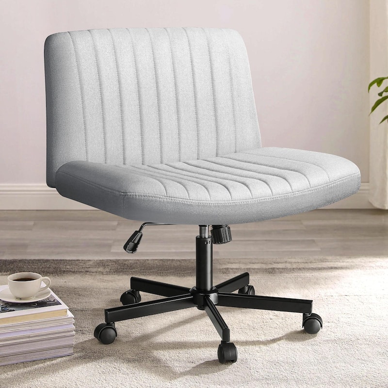 Bossin Criss Cross Chair Armless Office Desk Chair with Wheels,Fabric Padded Cross Legged Chair, Swivel Wide Seat Vanity Chair - Grey