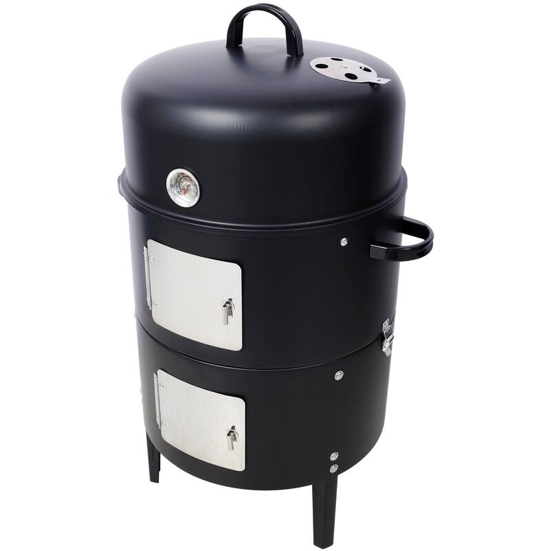 Steel Charcoal Smoker, Heavy Duty Round BBQ Grill with Thermometer and Bakelite Handles, for Outdoor Cooking, Black
