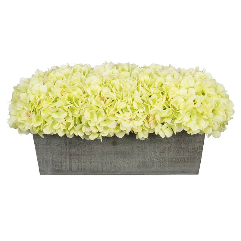 Faux Hydrangeas in Grey Wood Washed Ledge Planter - Green
