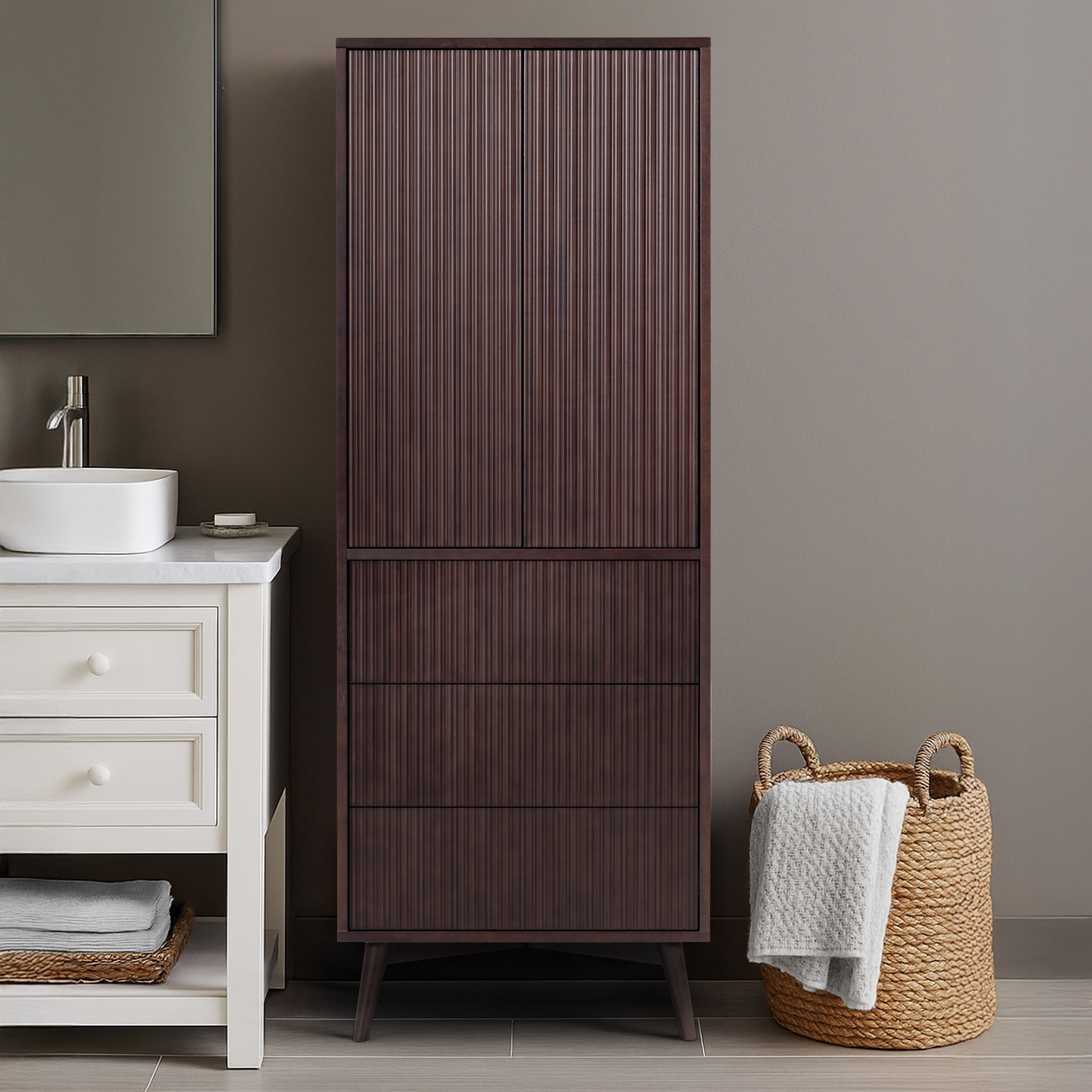 65" Tall Wood Linen Cabinet with 2 Doors & 3 Drawers