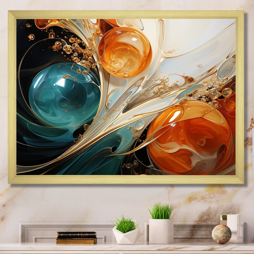 Designart "White Blue And Orange Ink Storm III" Abstract Painting Blue Wall Decor Modern Bedroom Framed Canvas Wall Art