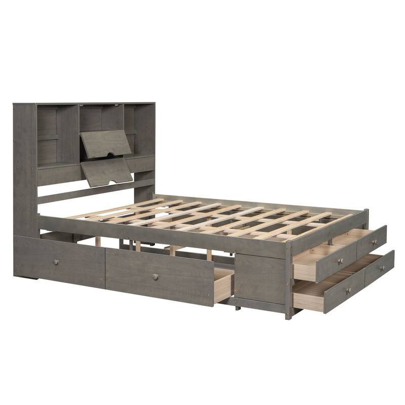 Platform Bed with Storage Headboard and 8 Drawers