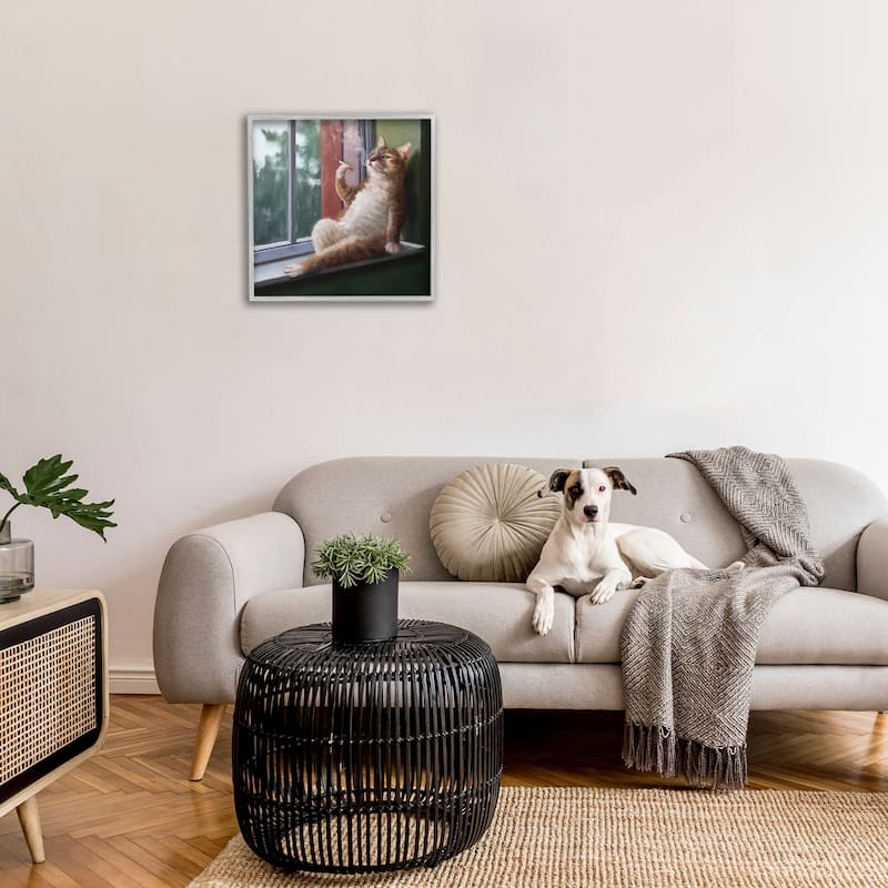 Stupell House Cat Smoking Lounging in Window Pane Framed Wall Art