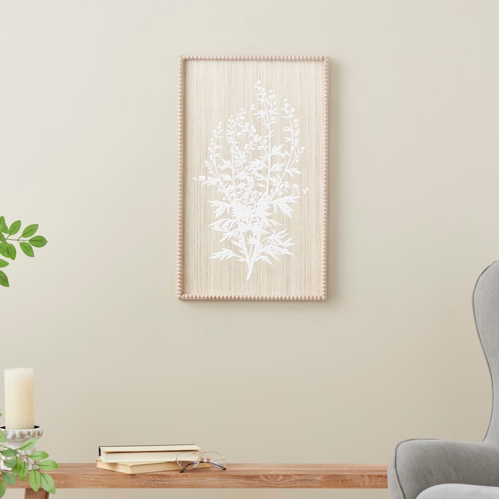 Cream Wood Textured Floral Home Wall Decor with White Painted Accents and Beaded Frame