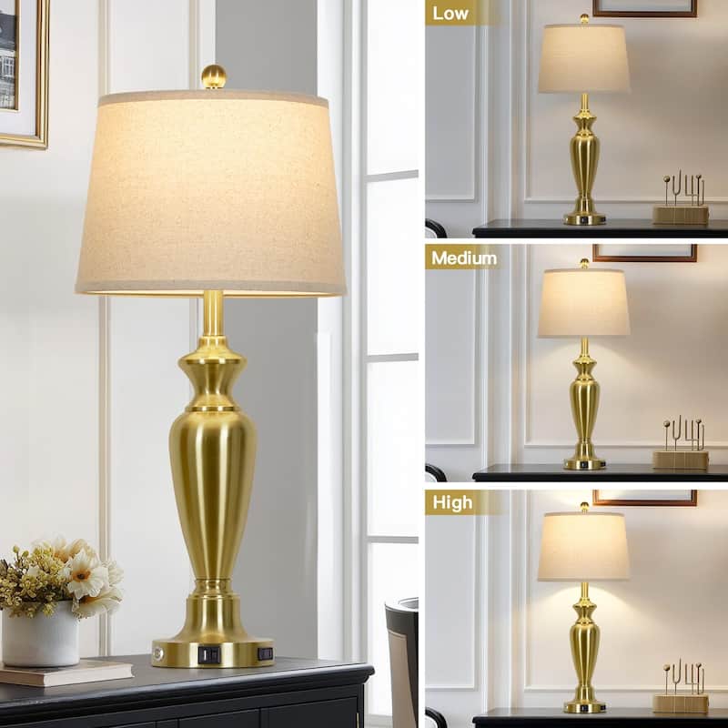 Set of 2 Modern 28-Inch Table Lamps with Built-in Night Light, USB Ports & AC Outlet - 13'' x 13'' x 30''