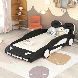 Twin Size Race Car-Styled Platform Bed with Functional Wheels and Safety Rails