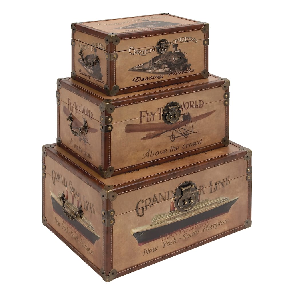 Wooden Nesting Upholstered Trunk with Vintage Accents and Studs - Set of 3 Brown - Roche River Decor - 12"Wx17"Lx8"H