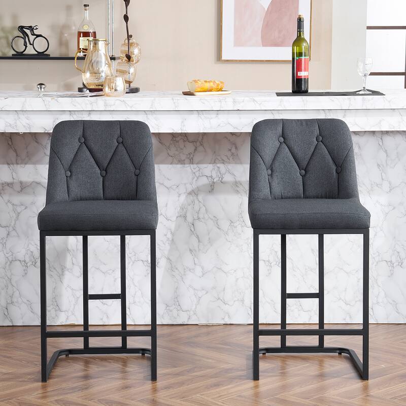 Bar Stool Set of 2, Upholstered Bar Stool with Button-Tufted Backrest, Counter Height Armless Chair with Sturdy Metal Frame