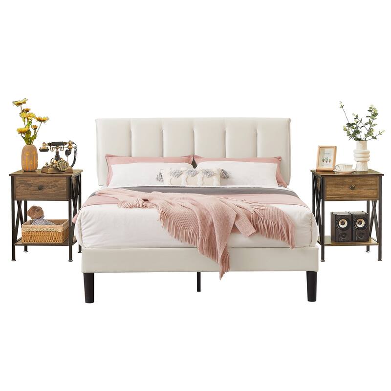 VECELO 3-Pieces Tufted Upholstered Beige Platform Bed Frame with Adjustable Height Headboard and Nightstands Set of 2