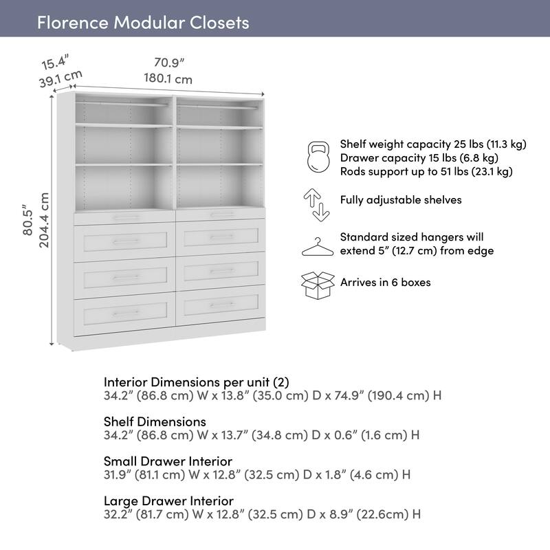 Bestar Florence 71W x 16D Closet System with Drawers, Shaker