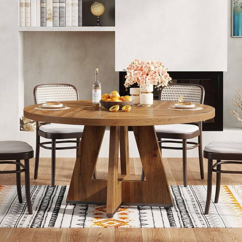 47" Round Wood Dining Table 4-Seater Farmhouse with Wooden Tabletop Cross Base for Dining Room/Kitchen