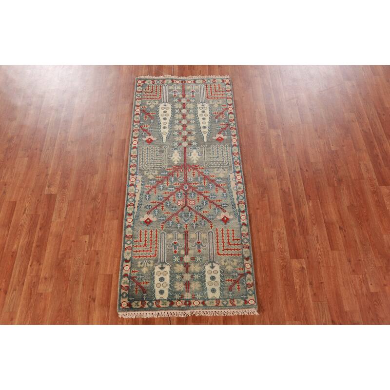 Hand Knotted Oriental 100% Wool Carpet Traditional Geometric Greys & Charcoal Heriz (serapi) Area Rug - 5' 11'' X 2' 7''