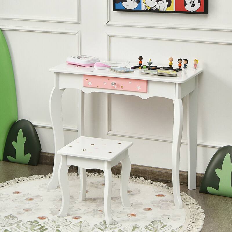 Gymax Kids Vanity Princess Makeup Dressing Table Chair Set W/ - See Details