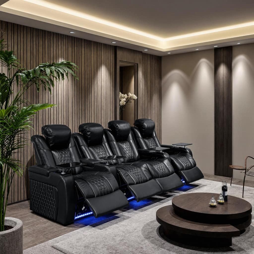 Roomfitters 124.4" Power Recliner 4-Piece Set, Top-Grain Nappa Leather, 19-Color RGB LED & USB-C Charging, Black