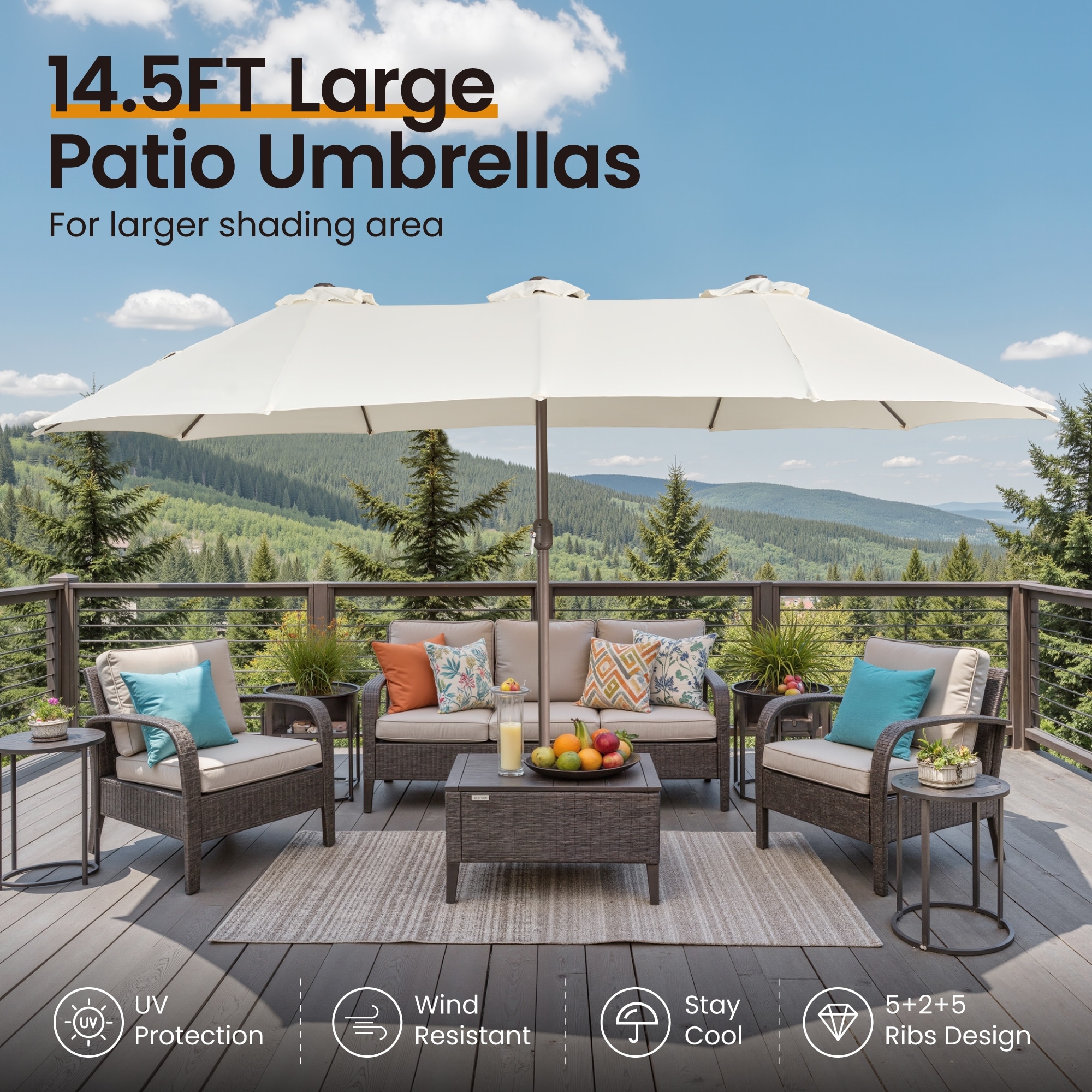 large patio umbrellas wind resistant PHI VILLA 15ft Outdoor Umbrella with Base Included, Navy Blue Large Shade for Your Patio 10' Outdoor Cantilever Umbrella -