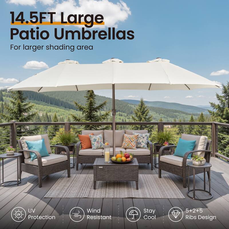 OVIOS 15ft Double-Sided Patio Umbrella with Crank & Weighted Sandbag Base