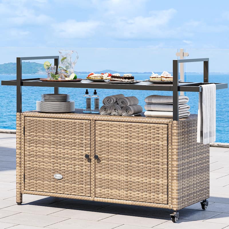 Wicker Outdoor Kitchen Serving Station with Storage Cabinet and Wheels - 51.2L x 19.7"W x 35.4"H - 51.2L x 19.7"W x 35.4"H - Brown
