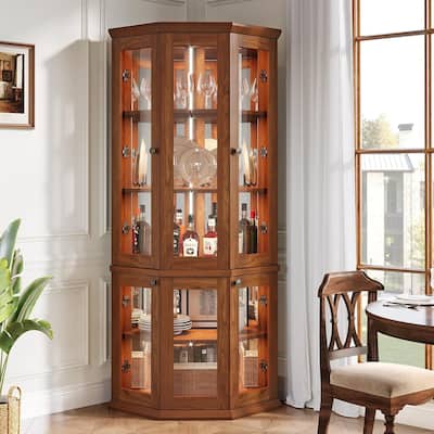 71 Inches Tall Corner Cabinet with Doors & LED Lights, Brown
