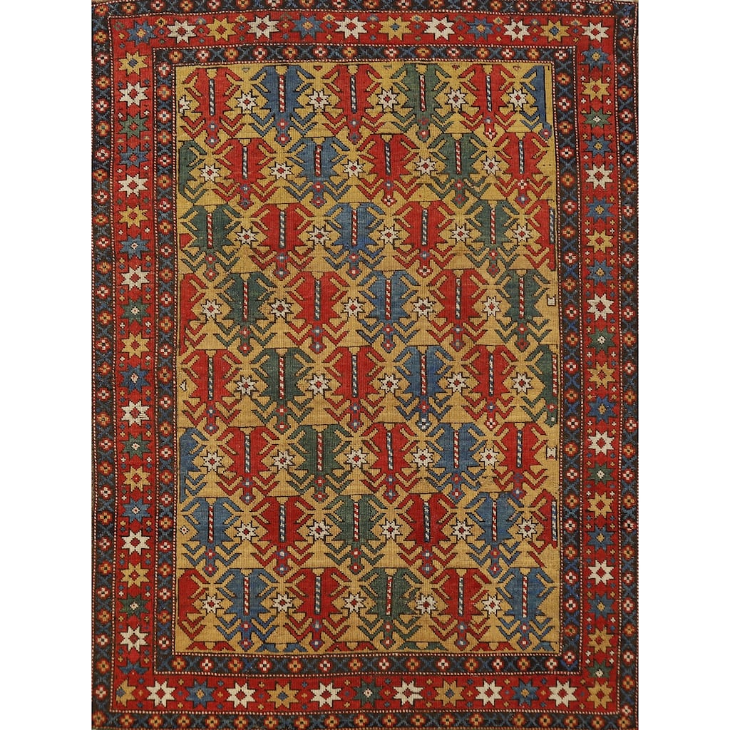 Hand Knotted Oriental 100% Wool Carpet Traditional All-Over Yellow & Gold Kazak Area Rug - 5' 1'' X 3' 11''