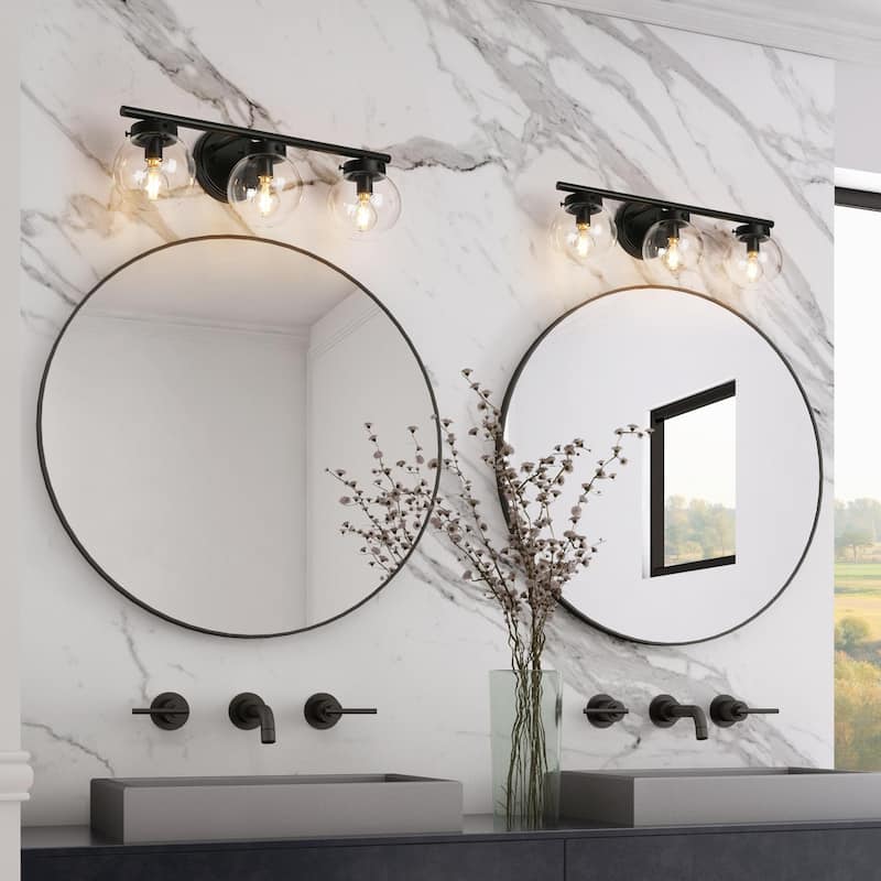 Rella Modern Farmhouse Black Gold Bathroom Vanity Light Orb Glass Dimmable Wall Sconces for Powder Room