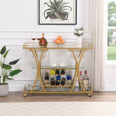 Durable Bar Cart with Wine Rack, Tempered Glass and Metal Frame