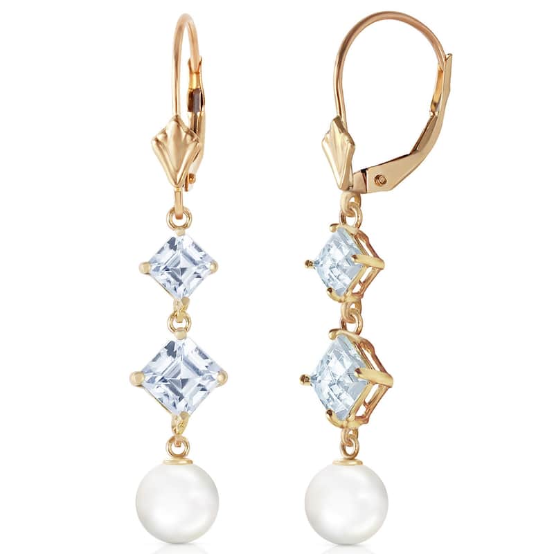 14K Solid Gold Chandelier Aquamarine/Pearl Elegant Gemstone Earrings - Yellow